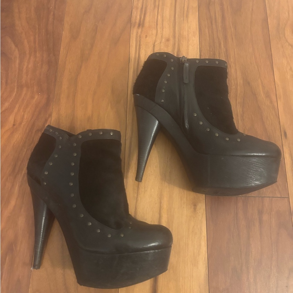 Fendi Black Studded Platform Ankle Boots with pony skin